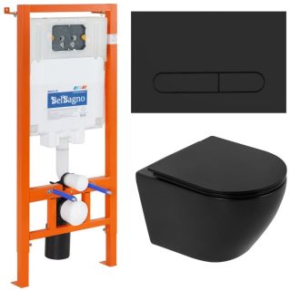 Комплект 4 в 1 BelBagno BB062CHR-MB/BB062SC-MB/BB002-80/BB007-PR-NERO.M унитаз подвесной COLORATO BB062CHR-MB с сиденьем BB062SC-MB система инсталляции для унитазов BB002-80 с кнопкой смыва BB007-PR-NERO.M